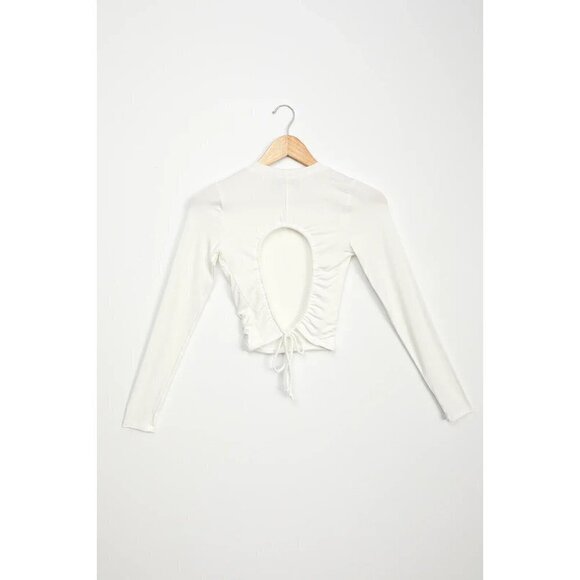 𝅺LULU'S "Back To Basics" Womens White Long Sleeve Tshirt Sz Small Back Cut Out - Picture 8 of 8